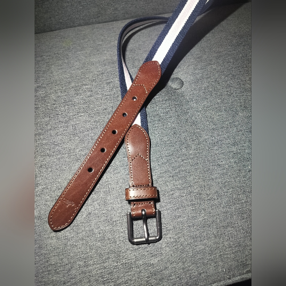 Polo Ralph Lauren Belt Striped Fabric Pink White Black Leather Ends Size 36 NWT